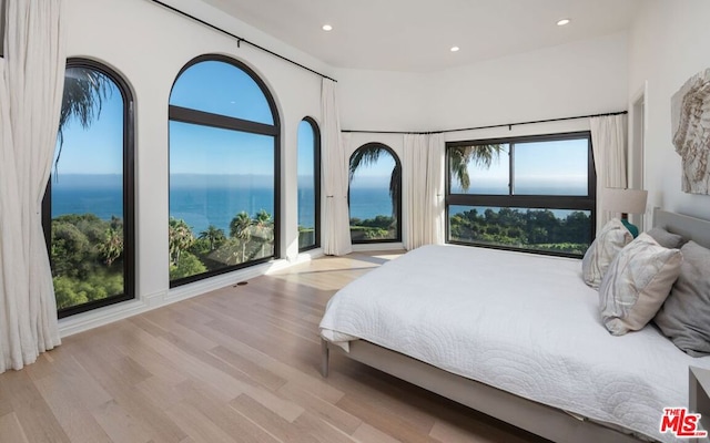 bedroom featuring light hardwood / wood-style floors and a water view