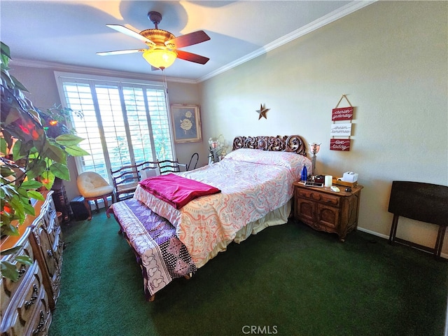 bedroom featuring dark carpet, ceiling fan, and crown molding