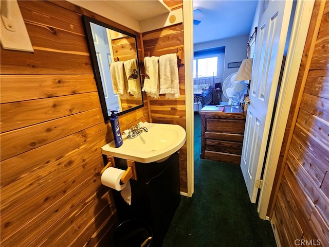 bathroom featuring vanity and wood walls