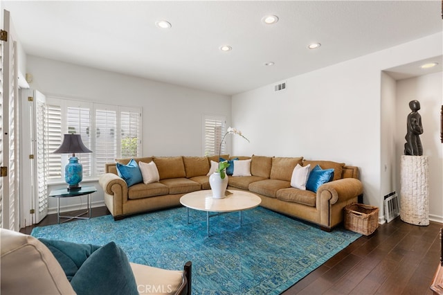 living room with dark wood-type flooring