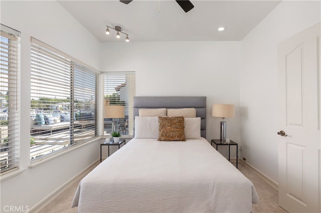 bedroom with light colored carpet and multiple windows