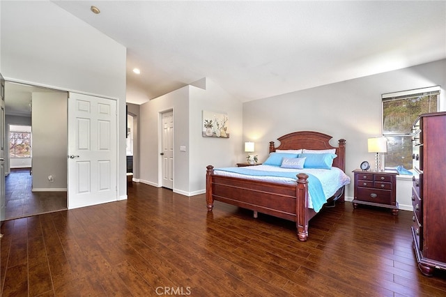 bedroom with lofted ceiling and dark wood-type flooring