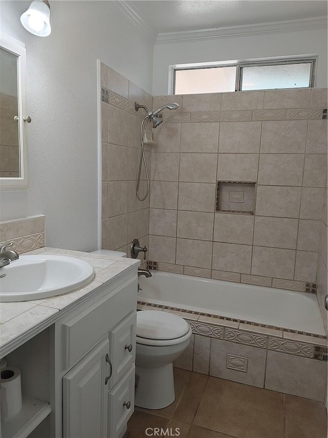 full bathroom with tile patterned floors, tiled shower / bath combo, crown molding, and a wealth of natural light