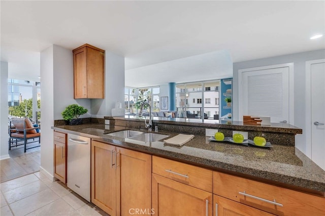 kitchen featuring dark stone countertops, stainless steel dishwasher, and a wealth of natural light