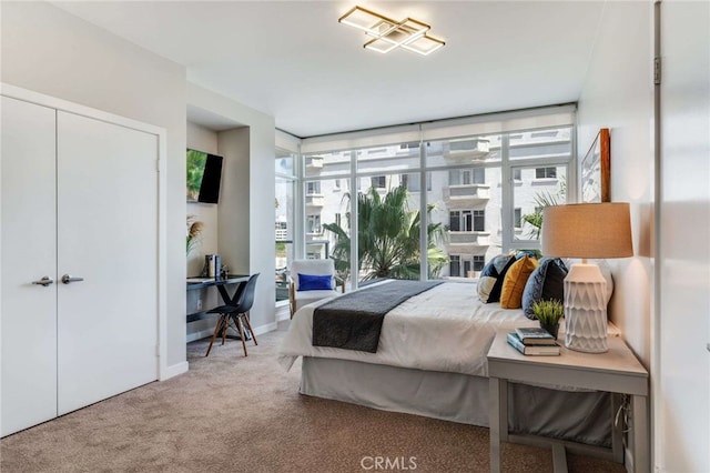 bedroom with light carpet, a closet, and multiple windows