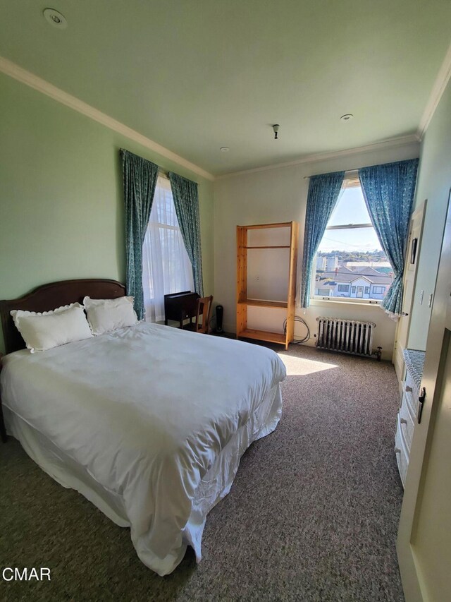 carpeted bedroom with radiator heating unit and crown molding