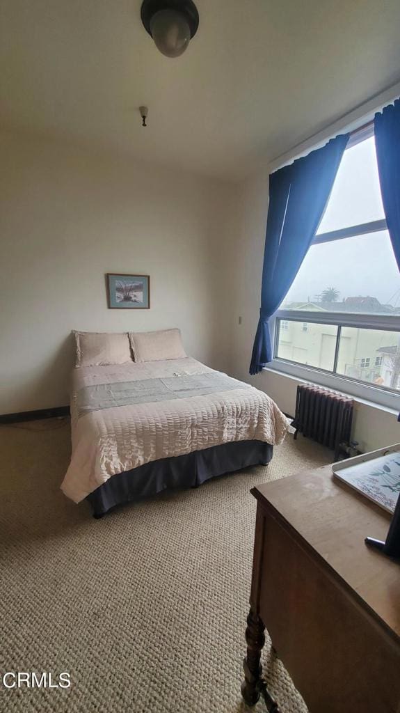 bedroom with radiator heating unit and carpet flooring