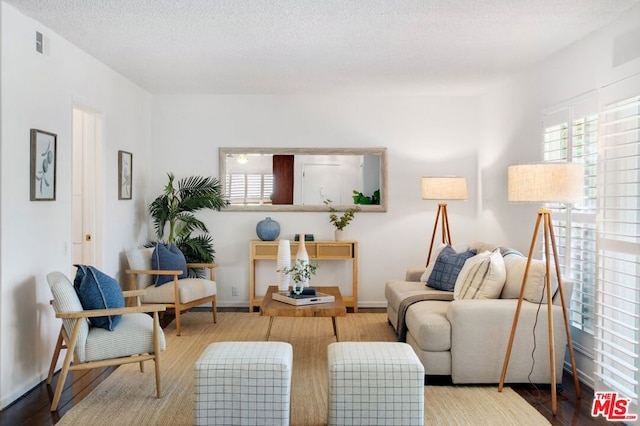 living area with a textured ceiling and hardwood / wood-style flooring