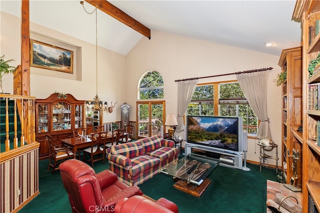 living room featuring beam ceiling, a chandelier, dark colored carpet, and high vaulted ceiling