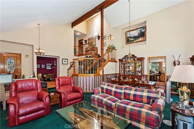 30184 Sky Line Dr, Running Springs, CA 92382 - carpeted living area featuring a chandelier, high vaulted ceiling, stairway, and beamed ceiling