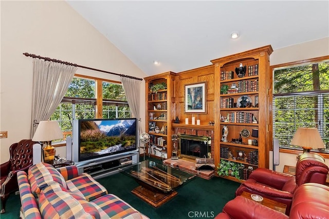 30184 Sky Line Dr, Running Springs, CA 92382 - living room featuring lofted ceiling, a fireplace, plenty of natural light, and recessed lighting