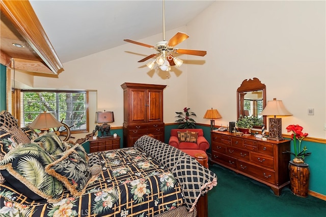 bedroom featuring ceiling fan, dark carpet, and high vaulted ceiling