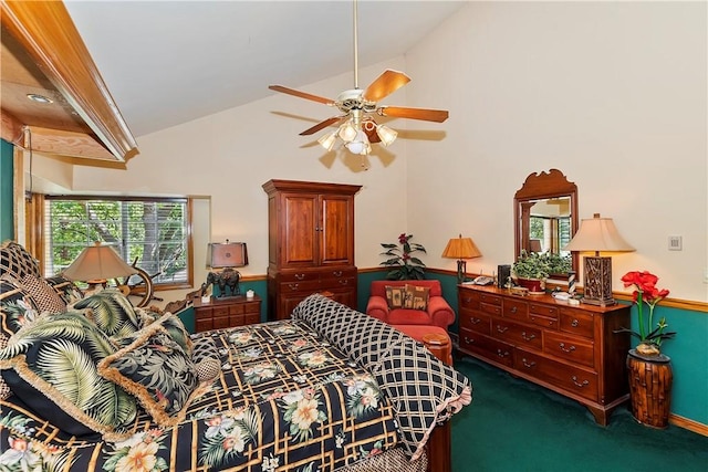 30184 Sky Line Dr, Running Springs, CA 92382 - carpeted bedroom with high vaulted ceiling and ceiling fan