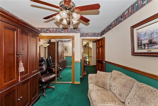 30184 Sky Line Dr, Running Springs, CA 92382 - carpeted home office with wainscoting and a ceiling fan