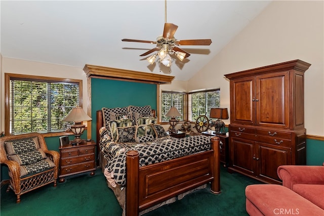 bedroom featuring ceiling fan, dark carpet, and high vaulted ceiling