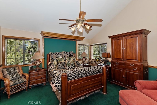 30184 Sky Line Dr, Running Springs, CA 92382 - bedroom featuring dark carpet, vaulted ceiling, and ceiling fan