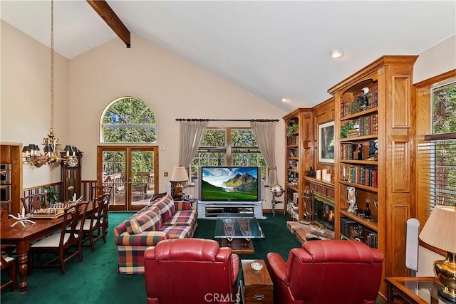 30184 Sky Line Dr, Running Springs, CA 92382 - living area featuring a chandelier, high vaulted ceiling, beamed ceiling, and carpet