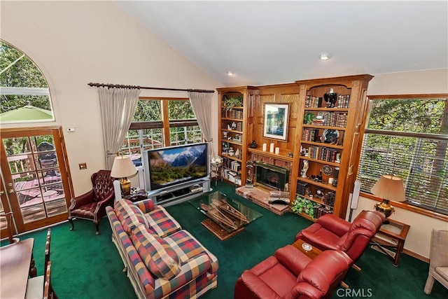 30184 Sky Line Dr, Running Springs, CA 92382 - living room featuring carpet flooring, a fireplace with raised hearth, high vaulted ceiling, and recessed lighting
