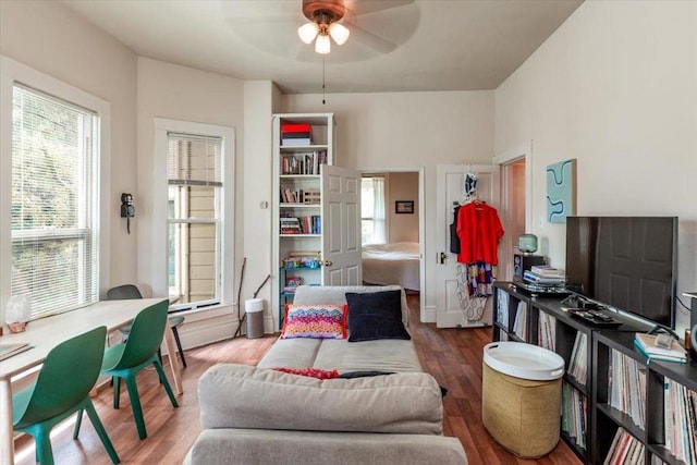 living room featuring ceiling fan and wood-type flooring