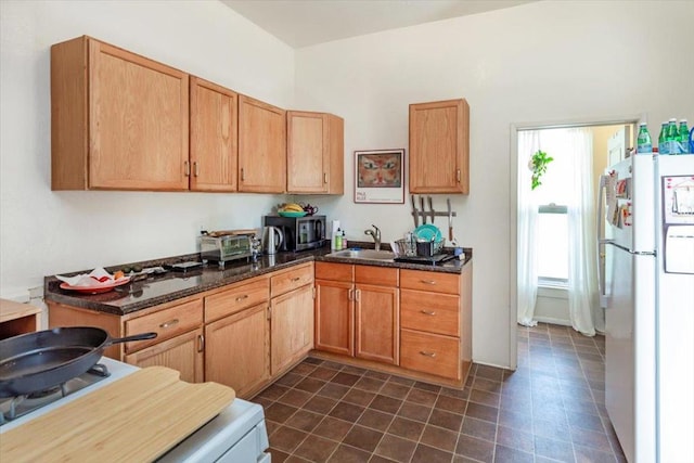 kitchen with a healthy amount of sunlight, sink, and white fridge