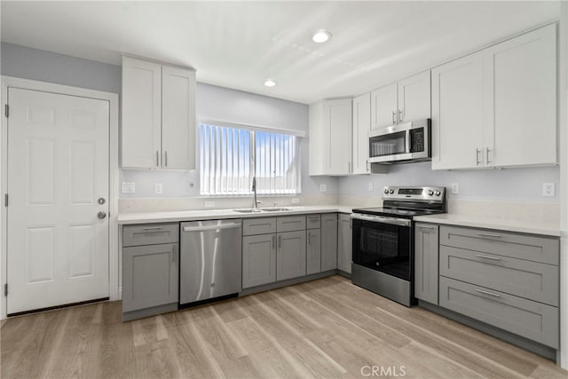 kitchen featuring a sink, white cabinetry, light countertops, appliances with stainless steel finishes, and gray cabinets