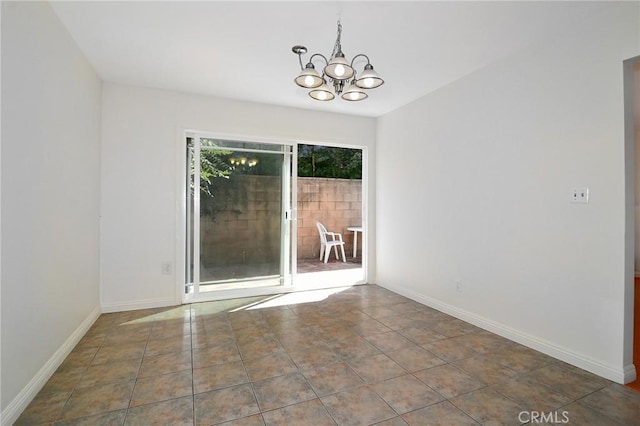 unfurnished dining area featuring tile patterned floors and a chandelier