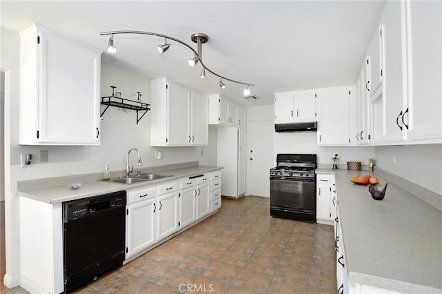 kitchen with sink, tile patterned flooring, black appliances, white cabinets, and exhaust hood