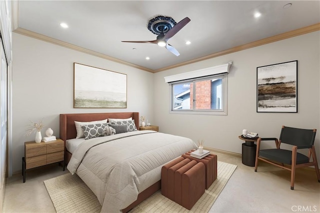 bedroom with light carpet, ceiling fan, and crown molding