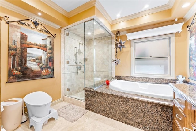 bathroom with vanity, crown molding, and independent shower and bath