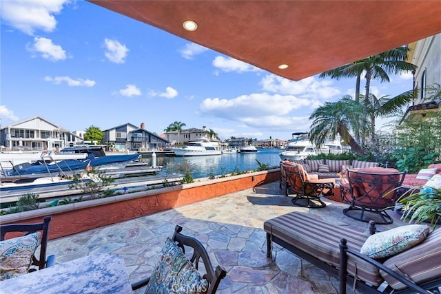 view of patio / terrace featuring a water view