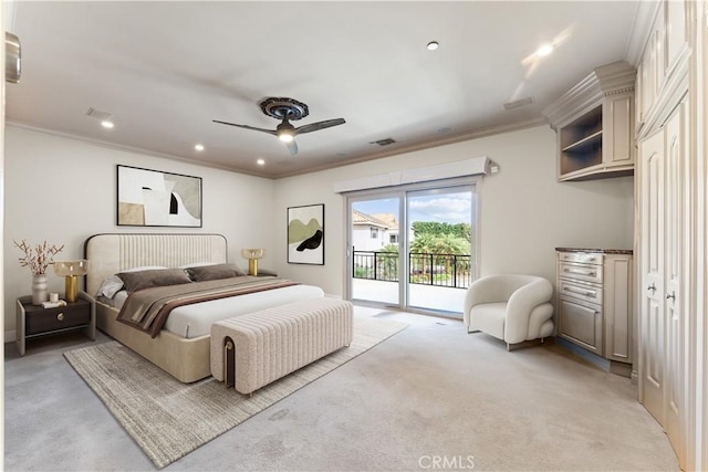 bedroom featuring access to exterior, light colored carpet, ceiling fan, and crown molding