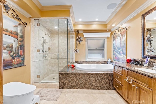 full bathroom with vanity, toilet, crown molding, and shower with separate bathtub