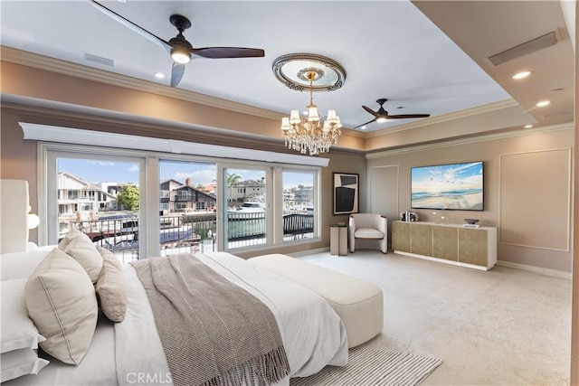 bedroom featuring a chandelier, access to exterior, crown molding, and light colored carpet