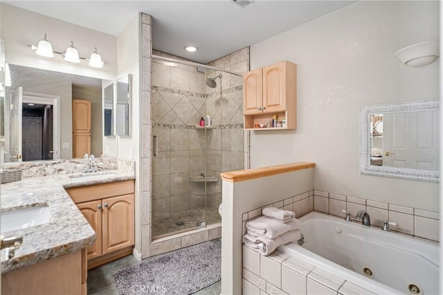 bathroom featuring separate shower and tub, tile patterned flooring, and vanity