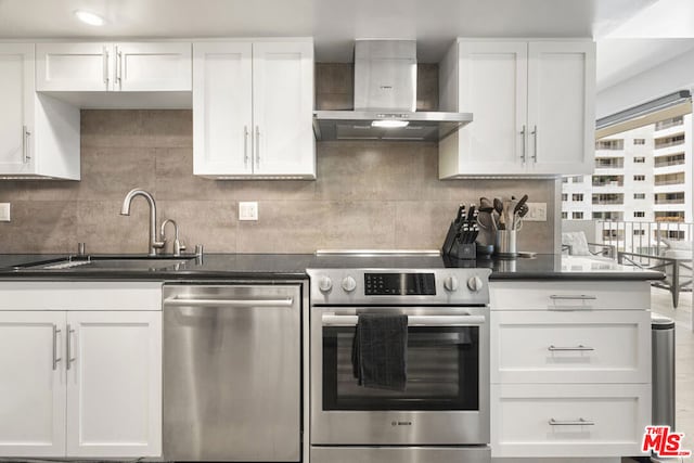 kitchen with wall chimney exhaust hood, stainless steel appliances, white cabinetry, and sink