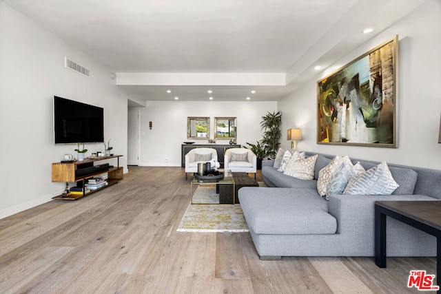 living room with light hardwood / wood-style flooring