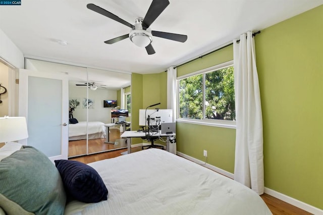 bedroom featuring ceiling fan, a closet, and hardwood / wood-style floors