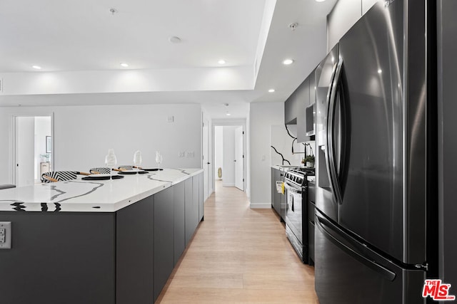 kitchen with light wood-type flooring, light stone countertops, stainless steel appliances, and a spacious island