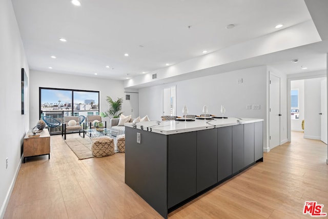 kitchen featuring light hardwood / wood-style floors and a large island with sink