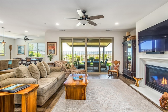 living room featuring wood-type flooring, plenty of natural light, and ceiling fan