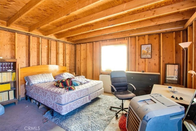 bedroom featuring beam ceiling and wooden ceiling