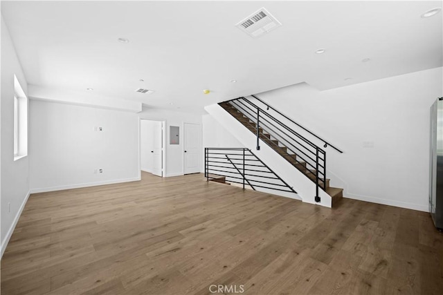 unfurnished living room featuring hardwood / wood-style flooring and electric panel