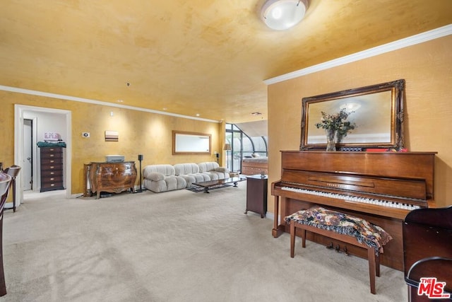 bedroom featuring light colored carpet and crown molding