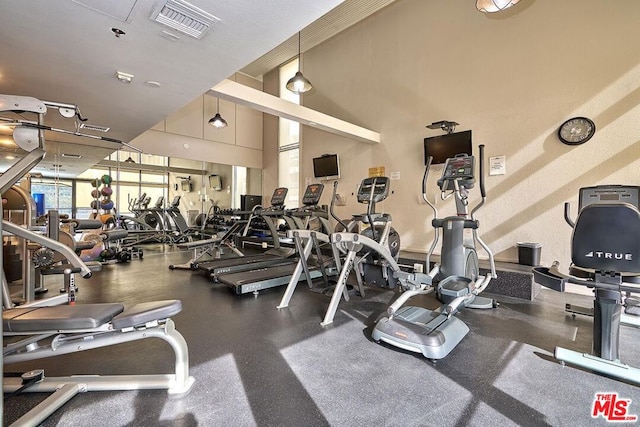 gym with a towering ceiling