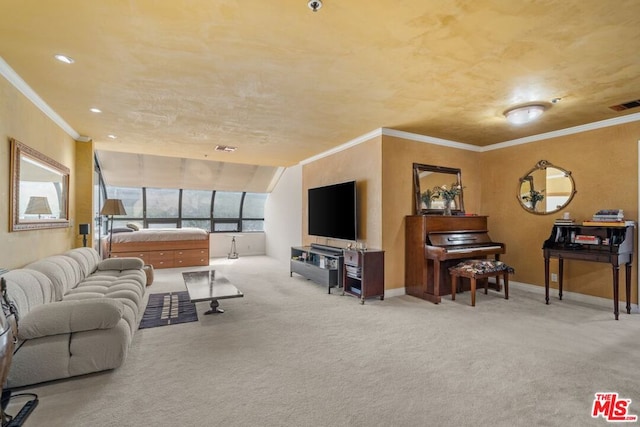 living room with light colored carpet and crown molding