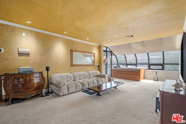 carpeted bedroom featuring crown molding