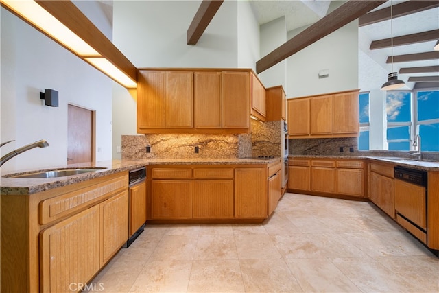 kitchen with kitchen peninsula, black dishwasher, beamed ceiling, a high ceiling, and sink