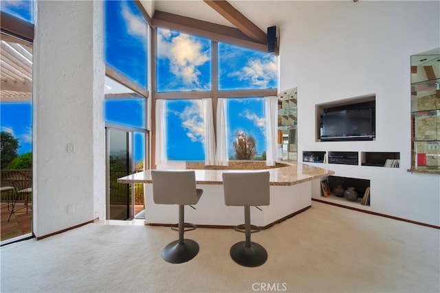 interior space featuring beam ceiling, a wealth of natural light, and a towering ceiling