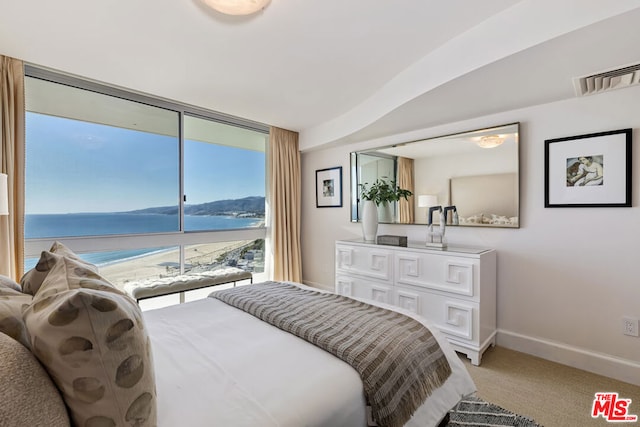 bedroom with carpet floors and a water view