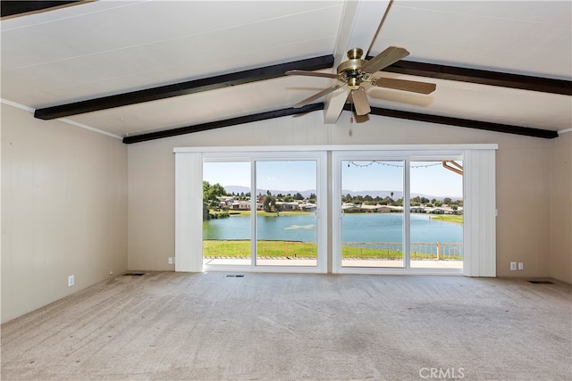 interior space featuring a water view, ceiling fan, light colored carpet, and a healthy amount of sunlight